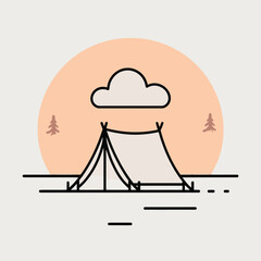 A minimalist tent illustration under a cloudy sky