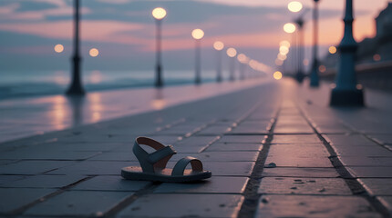 It is evening, and on the empty stone embankment lies a single lost sandal.
