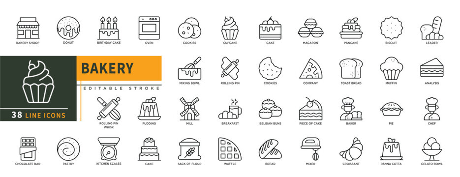 Minimalist Bakery line icons set with editable stroke, featuring bakery shop, donut, birthday cake, cookies, cupcake, macaroon, company, pudding, mill, cake, pancake, muffin. thin linear illustration.