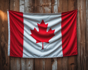 Canadian maple leaf flag gracefully draping against rustic wooden backdrop in a cozy environment, celebrating national pride and heritage