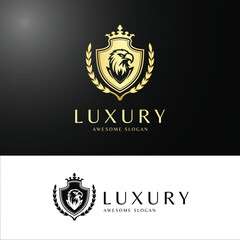 Luxury Eagle Crest Logo with Golden Shield, Crown, and Laurel Wreath