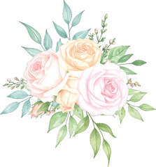 Fototapeta premium Soft pink rose bouquet with light green leaves. Floral artwork with pastel roses and leaves. Watercolor roses with soft green leaves. Romantic pastel flowers with delicate roses