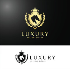 Luxury Horse Crest Logo with Golden Shield Crown and Laurel Wreath