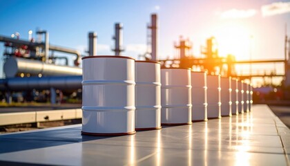 Obraz premium Oil Barrels at Sunset: A row of pristine oil barrels stands majestically against a backdrop of an industrial plant, bathed in the warm glow of the sunset. The image signifies industry and resources.
