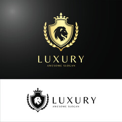 Luxury Lion Crest Logo with Golden Shield, Crown, and Laurel Wreath