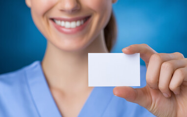 Close-up photograph of a nurse holding a blank business card, against a blue background, with a smiling face. High-resolution photography. 