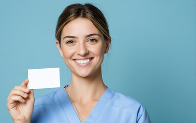 Cinematic stock photo of a happy nurse holding up a business card against a blue background,