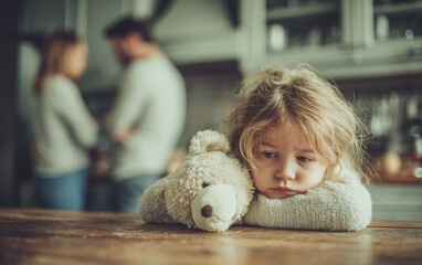 A sad little girl hugging her teddy bear, sitting on the table in front of an out-of-focus kitchen scene with parents at work behind them, 