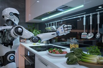 A smart kitchen with AI controlled appliances robotic arms preparing dinner autonomously
