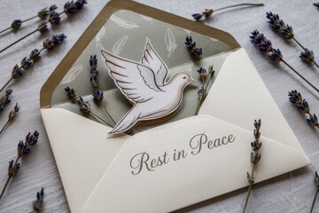 A sympathy greeting card showcasing a top down view of a crisp, white linen envelope partially opened to reveal a delicate paper dove nestled inside, symbolizing peace and remembrance