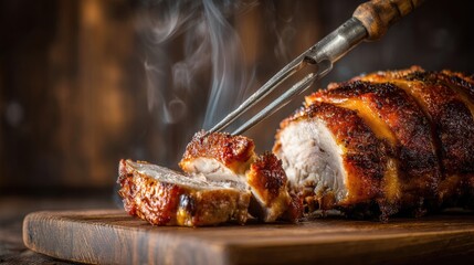 Sliced roasted pork on a wooden board, steaming hot, with a fork