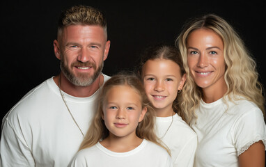 Portrait of a happy family wearing white t-shirts. The man and woman have blonde hair, and there are two girls aged between 10 and 12 years old. The family is standing in front of a black background. 