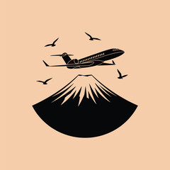 Airplane flies over a mountain with birds