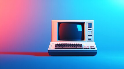 A vintage beige and turquoise desktop computer with a CRT monitor and keyboard, set against a bright turquoise background.