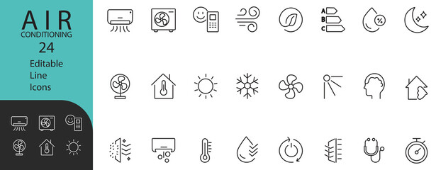 Air conditioning best editable line icon set featuring cooling, heating, humidity, timer, remote, fan, eco mode, temperature control, and energy efficiency concepts.