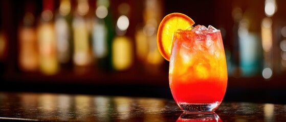 The vibrant cocktail with ice and orange garnish in a stylish bar setting.