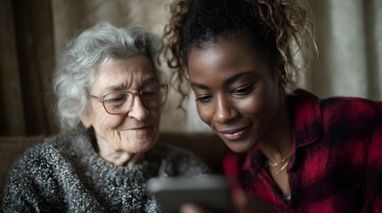 Fototapeta premium Elderly woman receiving assistance with mobile device