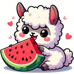 Cute llama eating watermelon cartoon vector icon illustration
