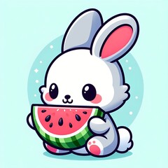 Cute bunny eating watermelon cartoon vector icon illustration