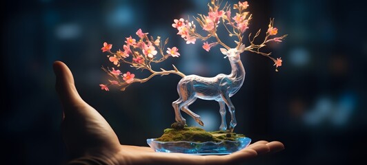 A bonsai , a small creature made of glass that is sitting in the palm of your hand,ai generative