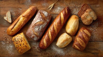 Assorted loaves of bread on a rustic wooden surface