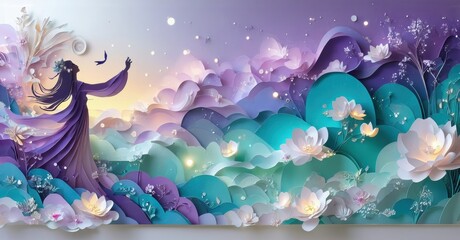 Mystical scene depicts woman amidst floral landscape. Layers create depth, soft lighting enhances dreamlike quality. Peaceful, serene imagery.