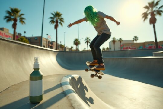 Skateboarder at a skatepark. A person with green hair performs a trick at a sunny skatepark with a product bottle in the foreground.