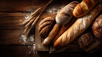 Assorted loaves of bread on a rustic wooden board, dusted with flour, and wheat stalks