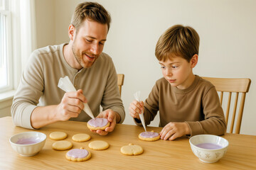 Father and son decorating cookies. A happy caucasian father and his young son decorate pumpkin-shaped cookies with purple icing for Halloween.