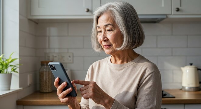 Elderly Asian woman with silver bob using voice assistant on smartphone in bright kitchen