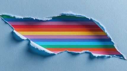 The torn paper revealing colorful rainbow stripes underneath a blue wall.