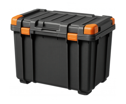 Heavy-duty plastic storage container with reinforced sides for keeping tools in a workshop.