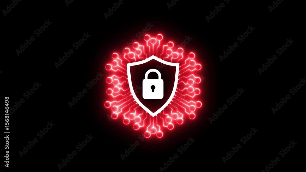 Poster cyber security shield icon animation. a glowing neon shield with a padlock at its center. digital il