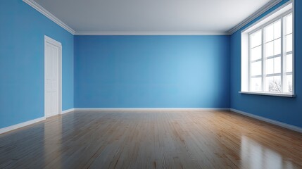 Empty room, light blue walls, white trim, light wood floor, window