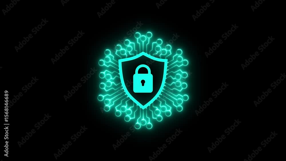 Aufkleber cyber security shield icon animation. a glowing neon shield with a padlock at its center. digital il