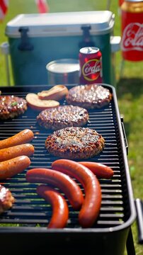 A close-up of a traditional tailgating grill sizzling with burgers and sausages, team flags stuck into the ground nearby. Concept of celebration, food, and social gatherings.