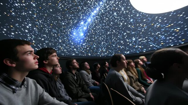 Young people experience wonder and curiosity while observing stars in planetarium, captivated by beauty of sky and universe