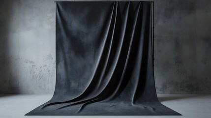 Elegant Black Fabric Drapery Against Textured Gray Background