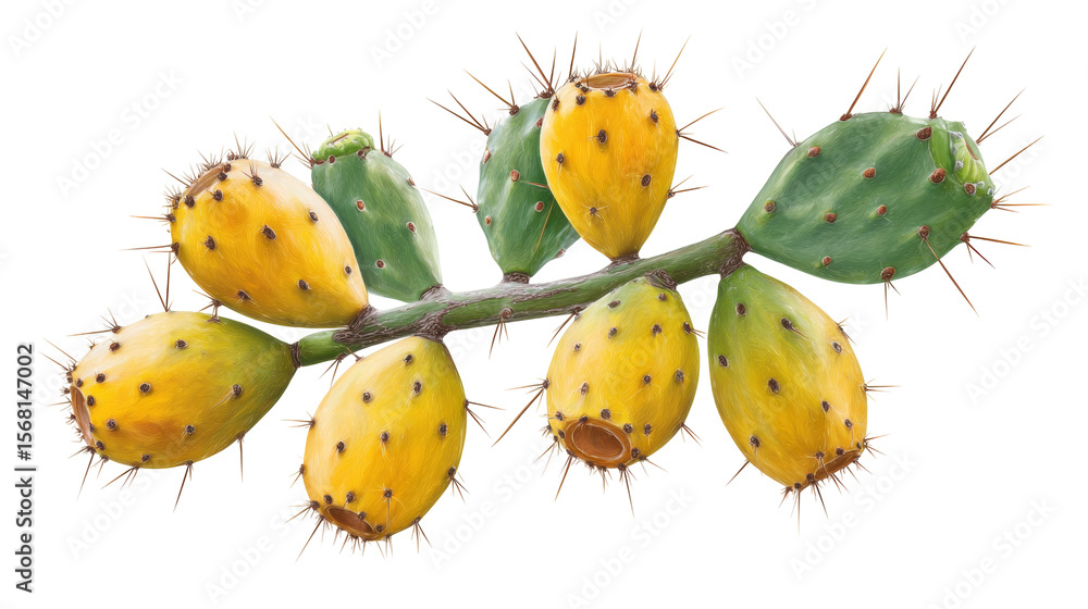 Poster prickly pear cactus fruit isolated on transparent background with green pads and sharp spines