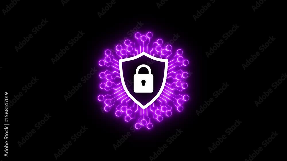 Aufkleber cyber security shield icon animation. a glowing neon shield with a padlock at its center. digital il