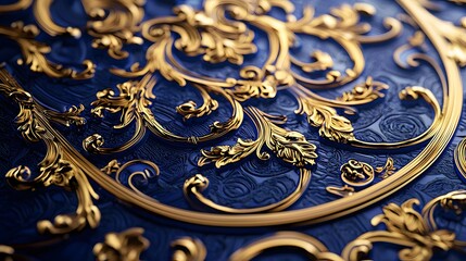 Intricate Gold Floral Design on Deep Blue Textured Background