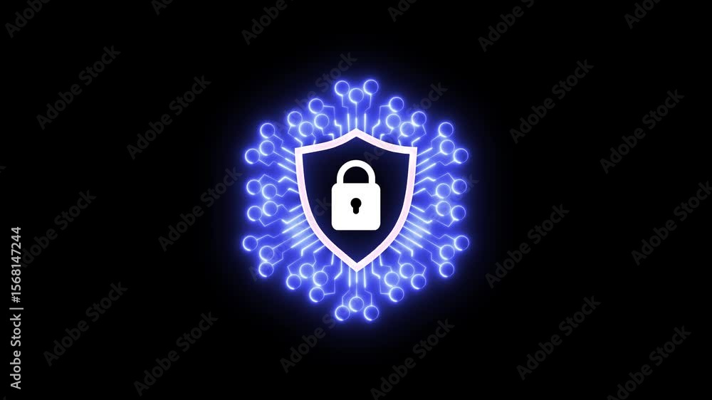 Aufkleber cyber security shield icon animation. a glowing neon shield with a padlock at its center. digital il