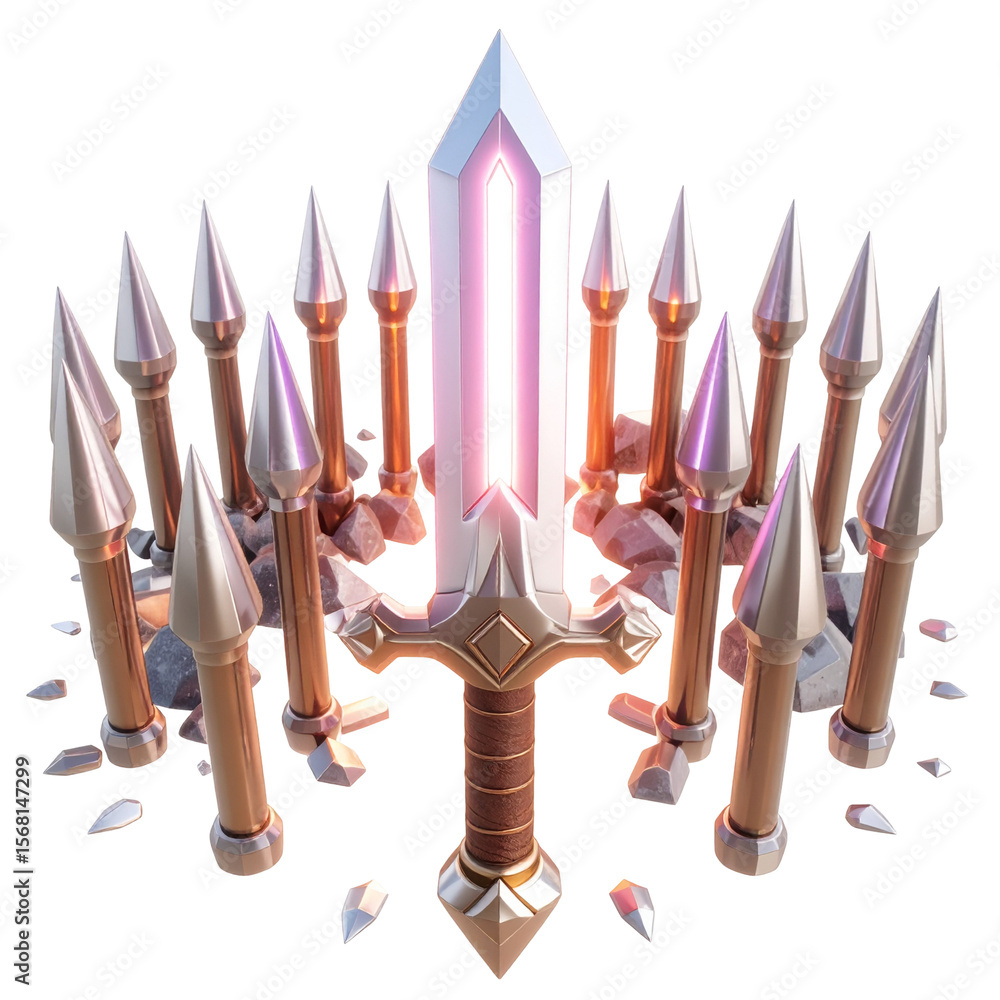 Poster sword surrounded by decorative objects in a digital graphic design