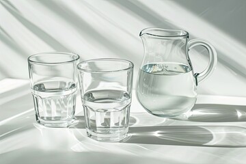 Pixel Perfect Picture of Glasses of Water with Jug on White Backdrop