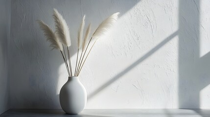 Elegant White Vase with Pampas Grass on Minimalist Background
