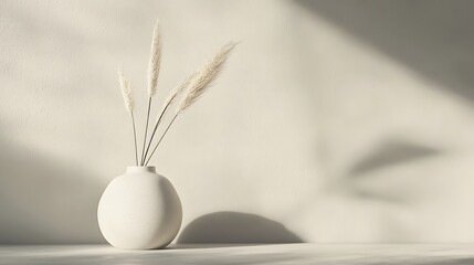 Minimalist White Vase with Dried Grass Against Soft Cream Background