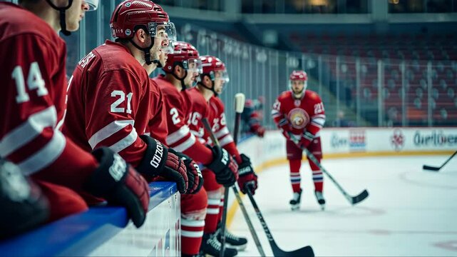 Ice hockey team on the bench during a professional game, waiting for their turn on the ice. Teamwork, competition, and winter sports concept.