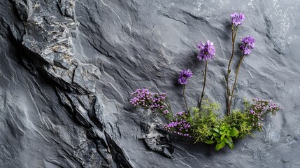 Beautiful Purple Wildflowers on Elegant Gray Stone Background
