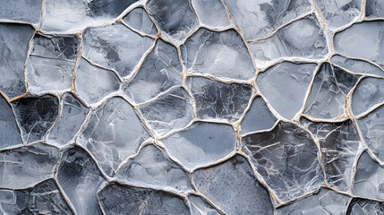 Textured Gray Stone Wall with Angular Cracks and Shiny Surface