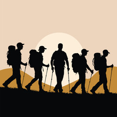Hikers trek across a grassy hill at sunset